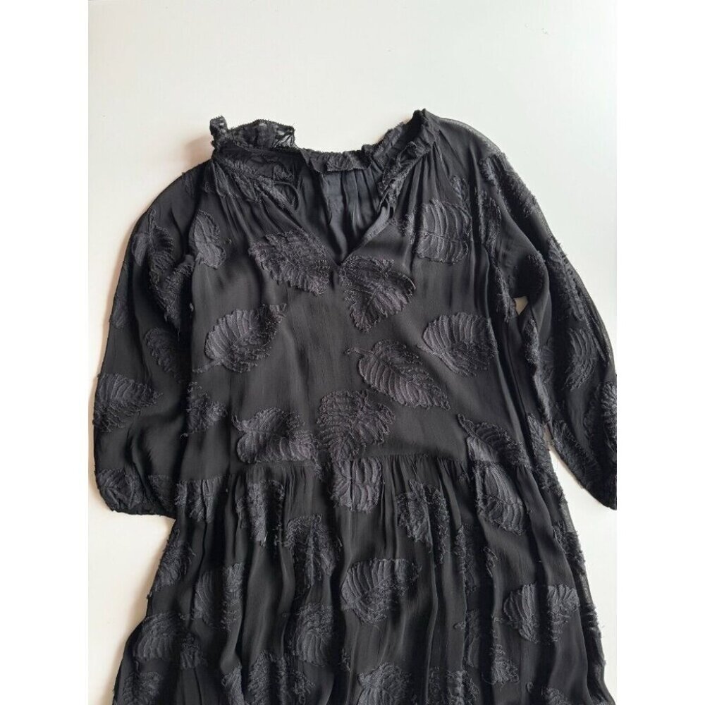Aritzia WILFRED Dufour Black Sheer Leaf Jacquard Midi Peasant Dress, Size S - Picture 5 of 16